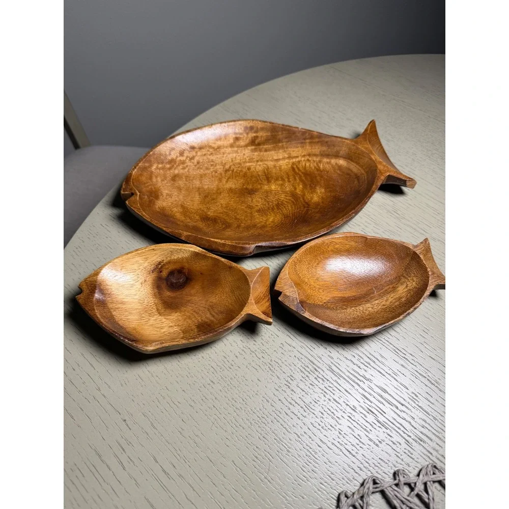 Vintage Hand Carved Acacia Wood Fish Serving Set Platter and Bowls 3 Piece Brown